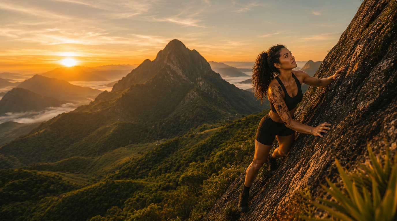 Atleta escalando montanha ao nascer do sol